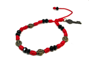 PULSERA HILO TEJIDA NUDO SAN BENITO ROJO CON CRISTAL NEGRO