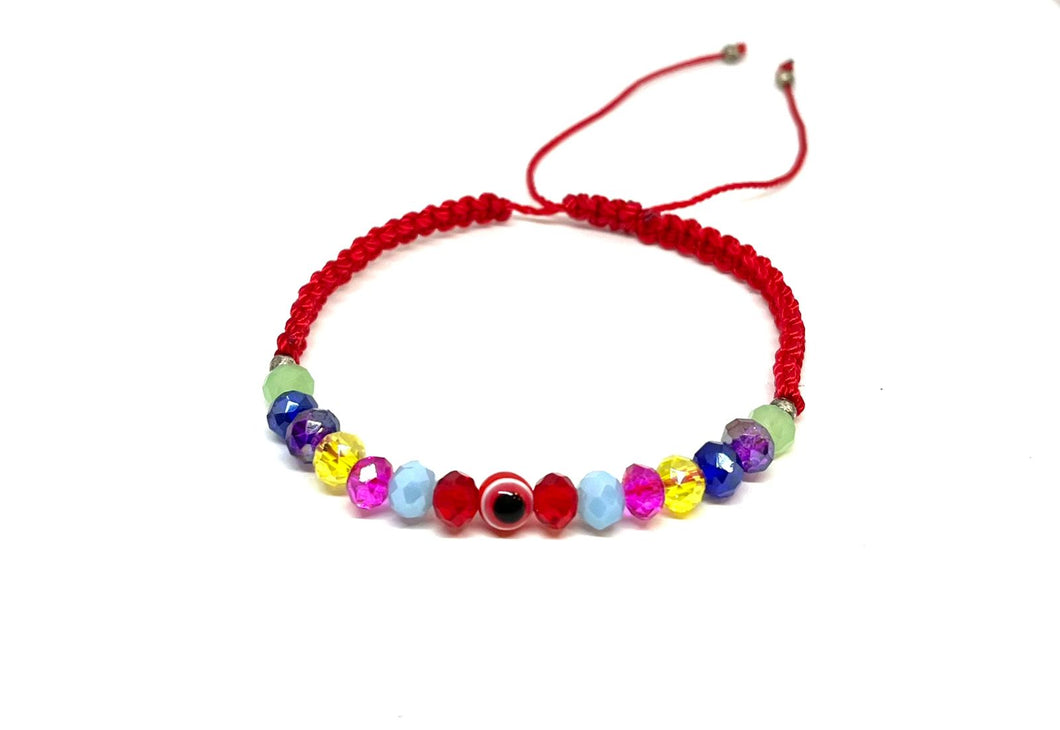 PULSERA HILO TEJIDA CRISTALES COLORES CON OJITO