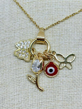 Cargar imagen en el visor de la galería, COLLAR DIJES MARIPOSA, FLOR Y OJO TURCO
